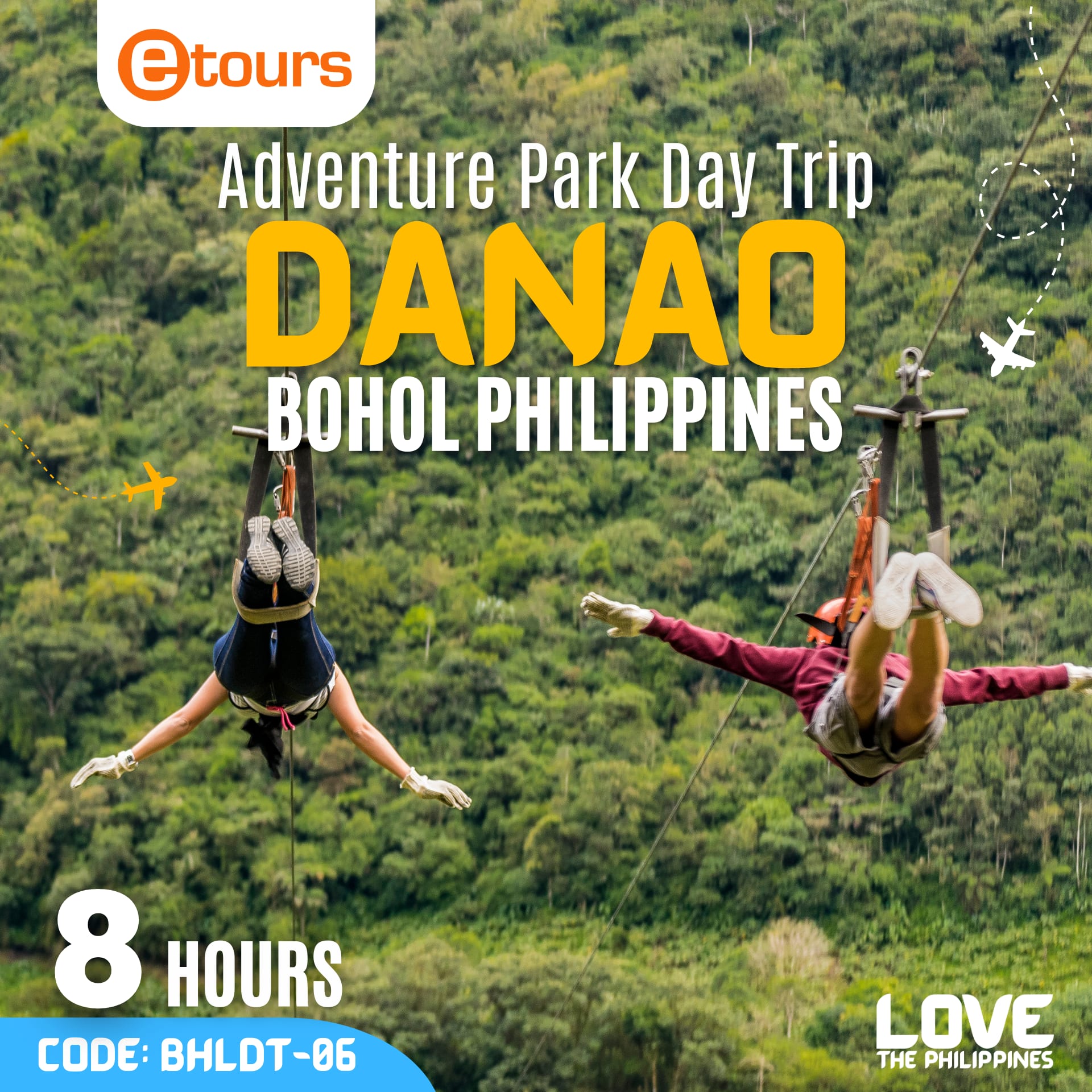 Thrill-seekers soar through the lush rainforest canopy on a zipline adventure at Danao Adventure Park in Bohol.