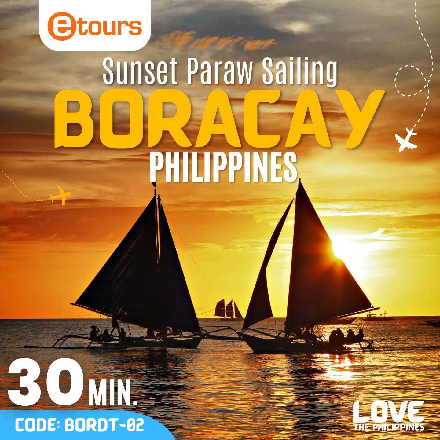 A pair of colorful paraw sailboats gently float on the calm waters of Boracay, with a stunning golden sunset illuminating the sky and reflecting off the ocean.