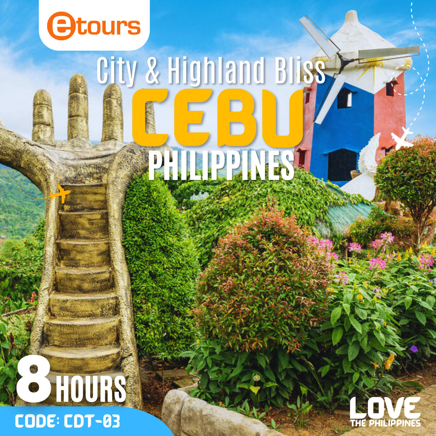 A picturesque view of the Sirao Flower Farm, featuring a charming windmill and a winding staircase leading to a vibrant floral display.