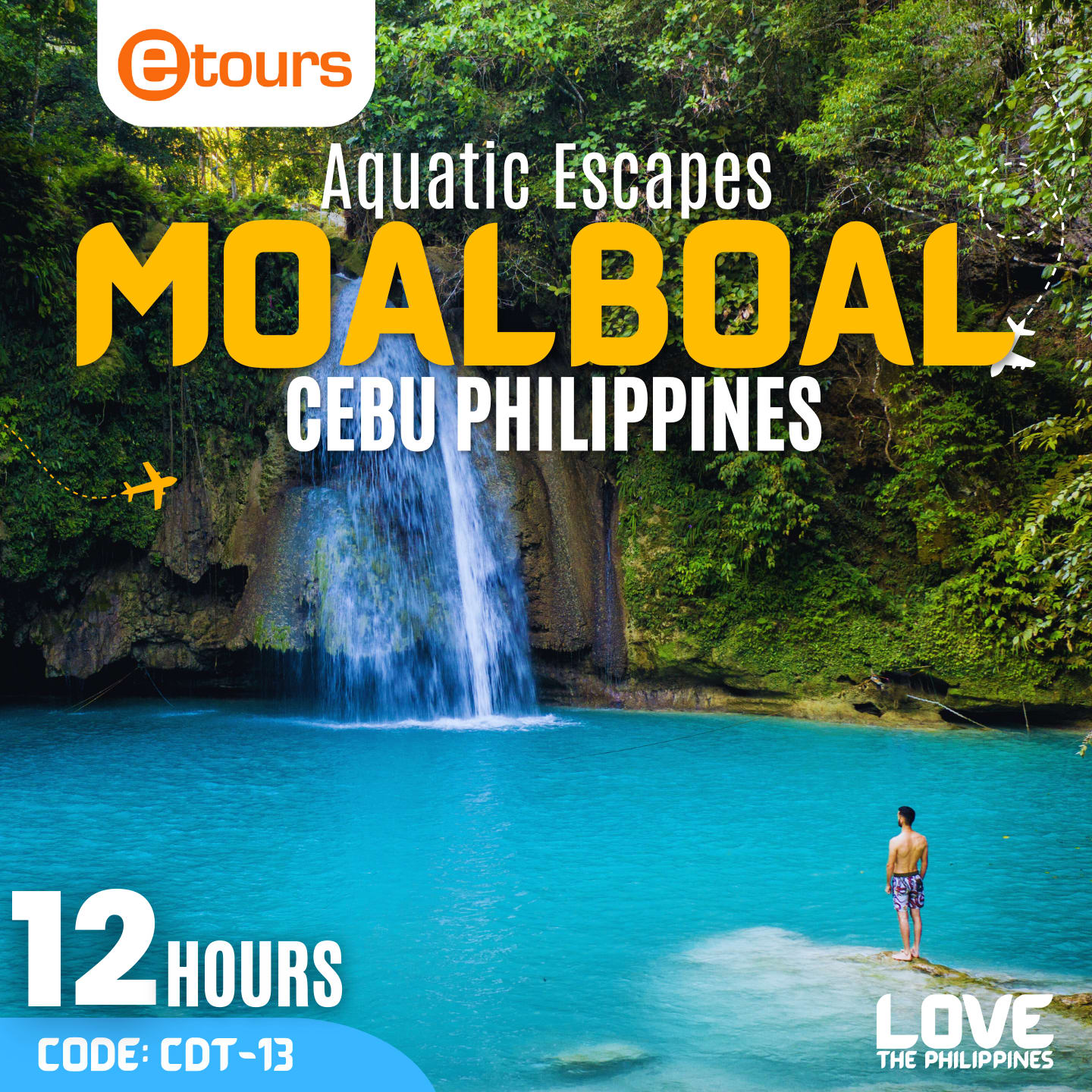 A man on a bamboo raft, surrounded by the lush greenery of the rainforest and the majestic Kawasan Falls