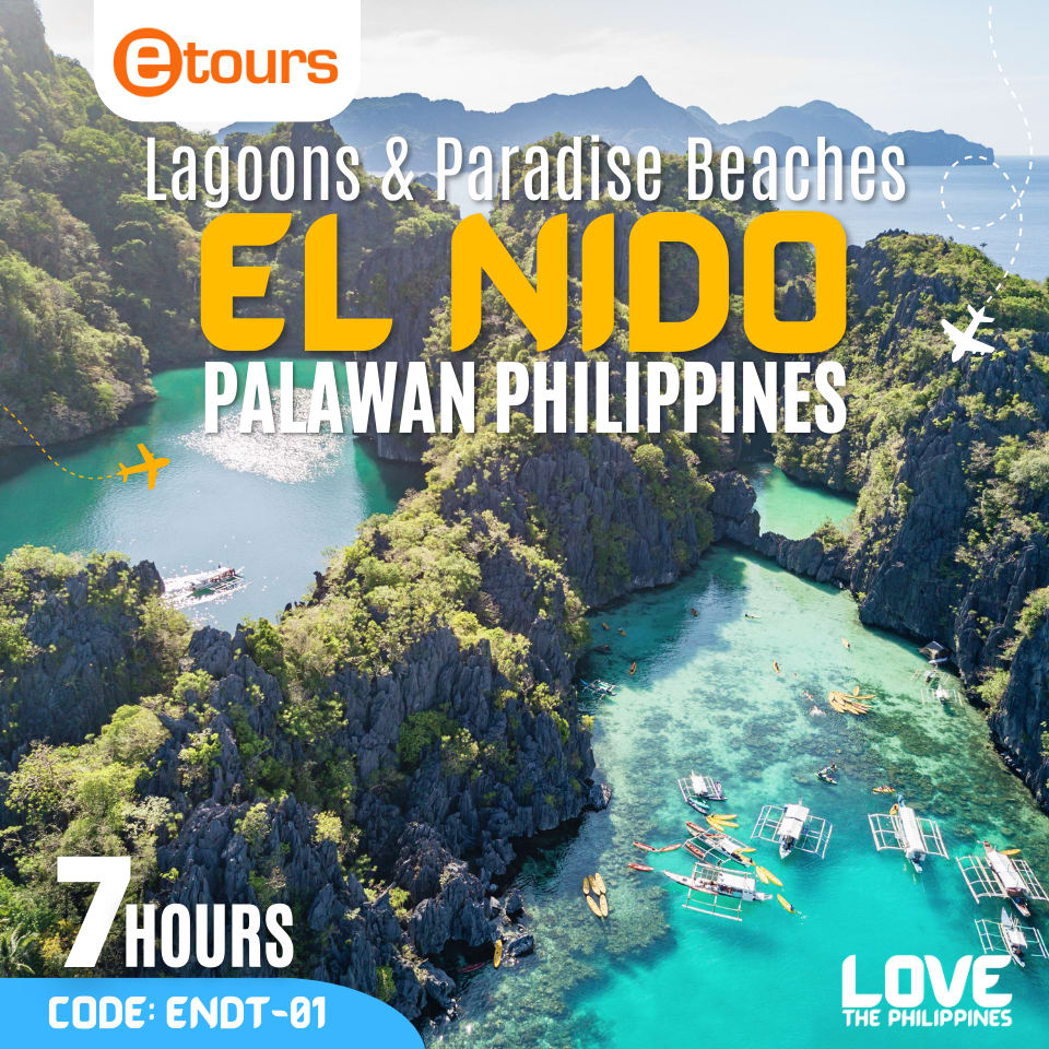 Beautiful aerial view of El Nido's Big Lagoon with island hopping boats in pristine waters.