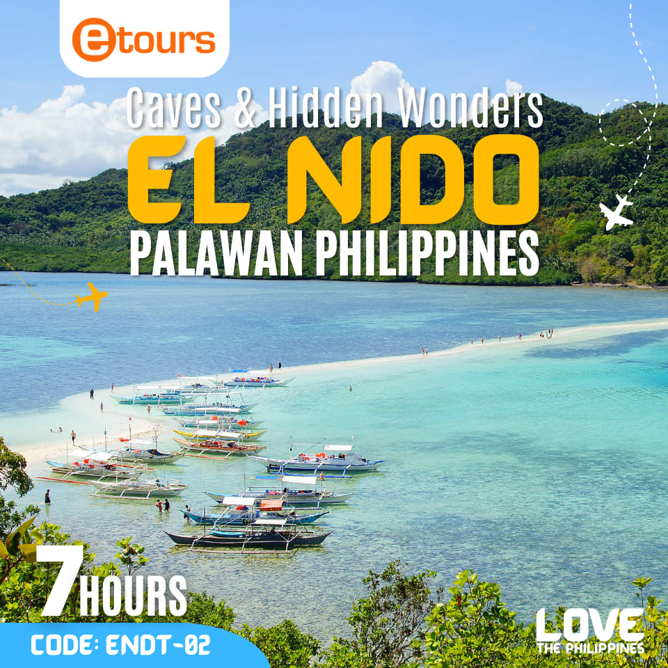 Aerial shot of Snake Island's pristine sandbar, turquoise waters, and outrigger boats.