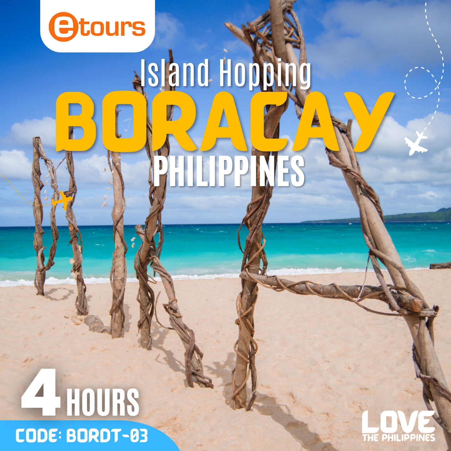 A wooden puka sign on the powdery shores of Puka Beach, marking it as one of the stops for Boracay island hopping.