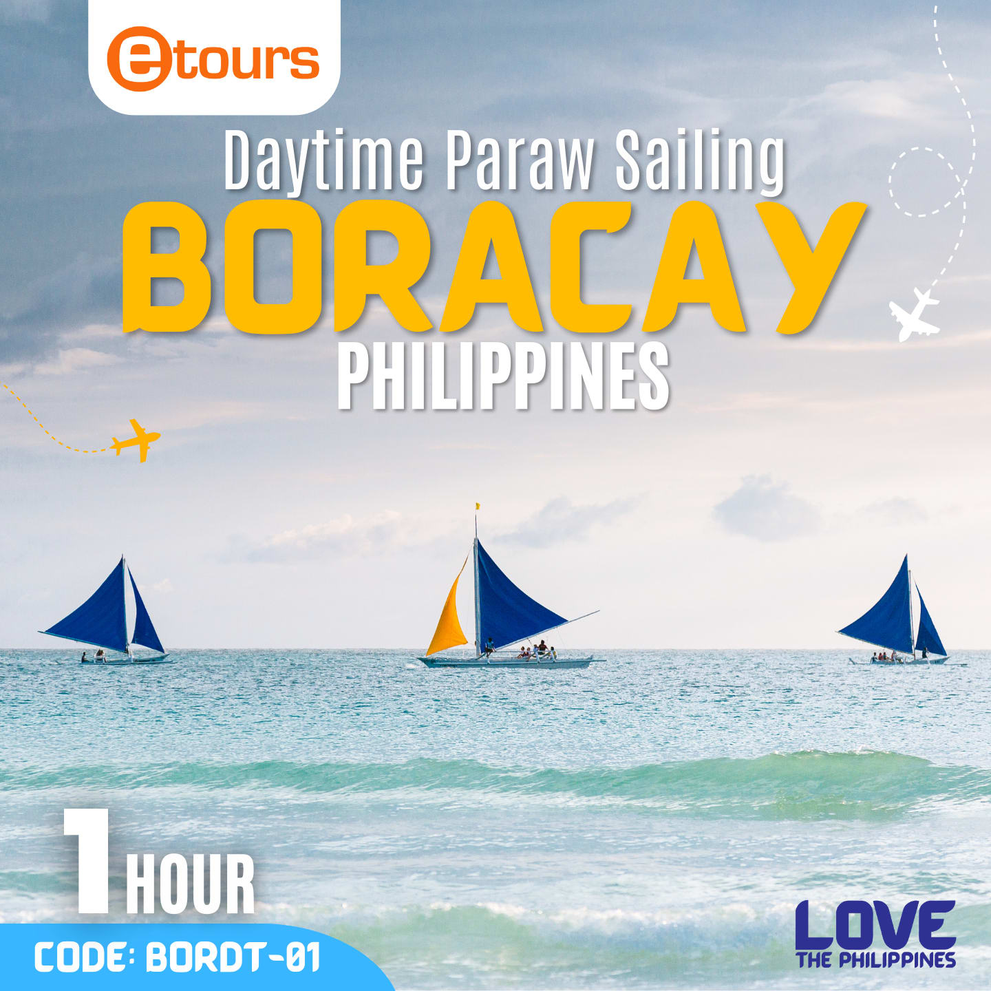 Colorful paraw sailboats with triangular sails glide over the clear turquoise waters near the white sandy shores of Boracay.