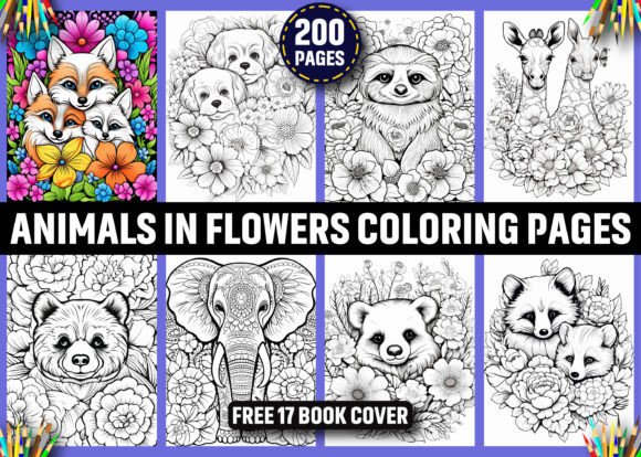 Adult coloring book cover with animals and floral patterns