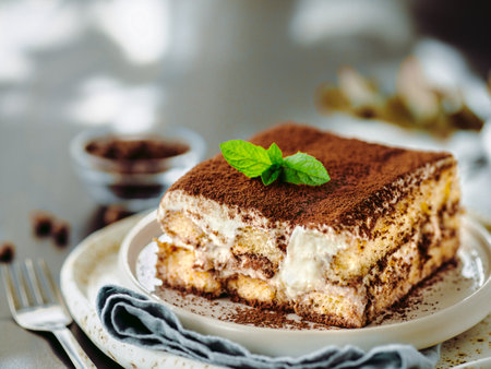 Tiramisu cake with mint, copy space