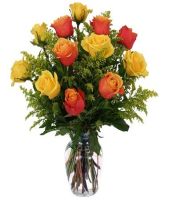 12 YELLOW AND ORANGE ROSES VASE INCLUDED