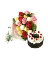 Mix Rose Bouquet and 1kg Round Black Forest Cake