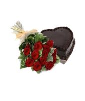 Red Rose Bouquet and 0.5 Heart Chocolate Cake