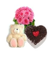 Pink Rose Bouquet 0.5 Heart Black Forest Cake and Pink Bear