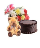 Mix Carnation Bouquet 0.5 Round Chocolate Cake and Brown Teddy Bear