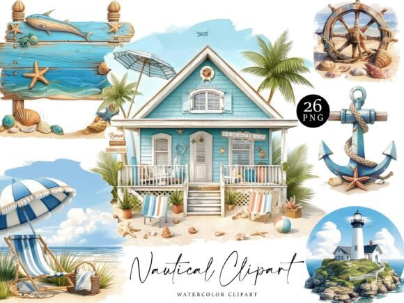 Watercolor Nautical Clipart Bundle