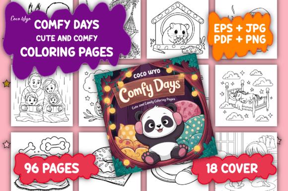 Comfy Days coloring book cover with cute panda and cozy scenes