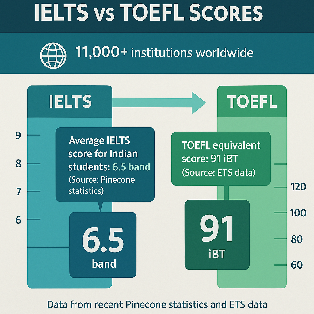 Infographic displaying IELTS and TOEFL score scales and language proficiency levels