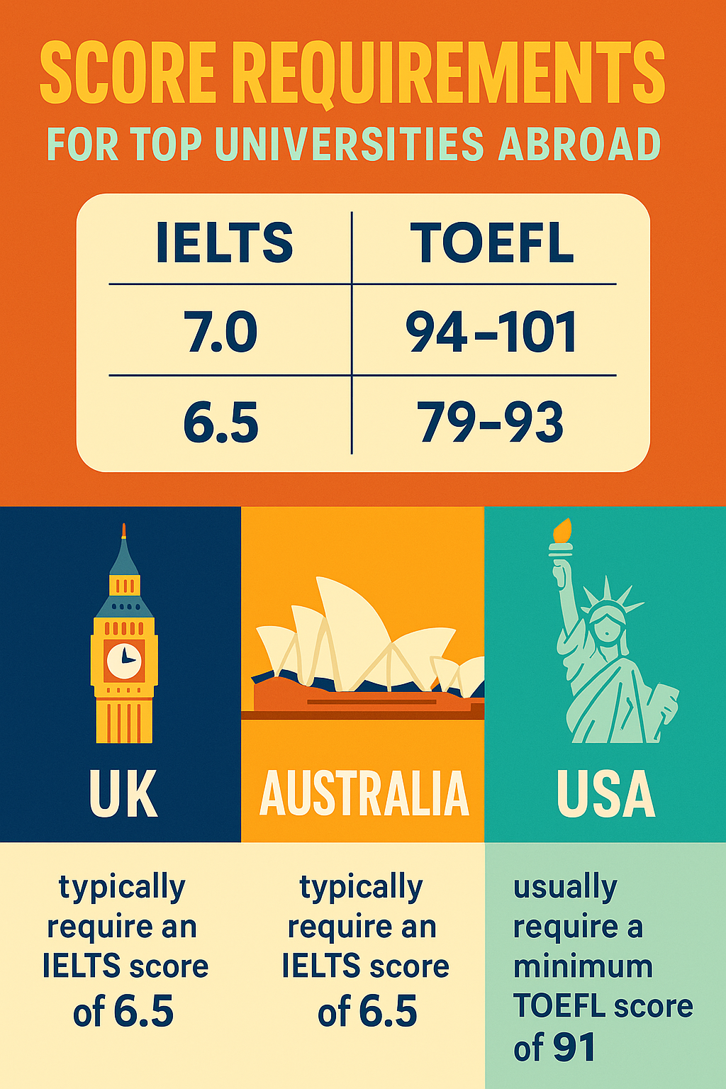 Infographic displaying score benchmarks and conversion between IELTS and TOEFL