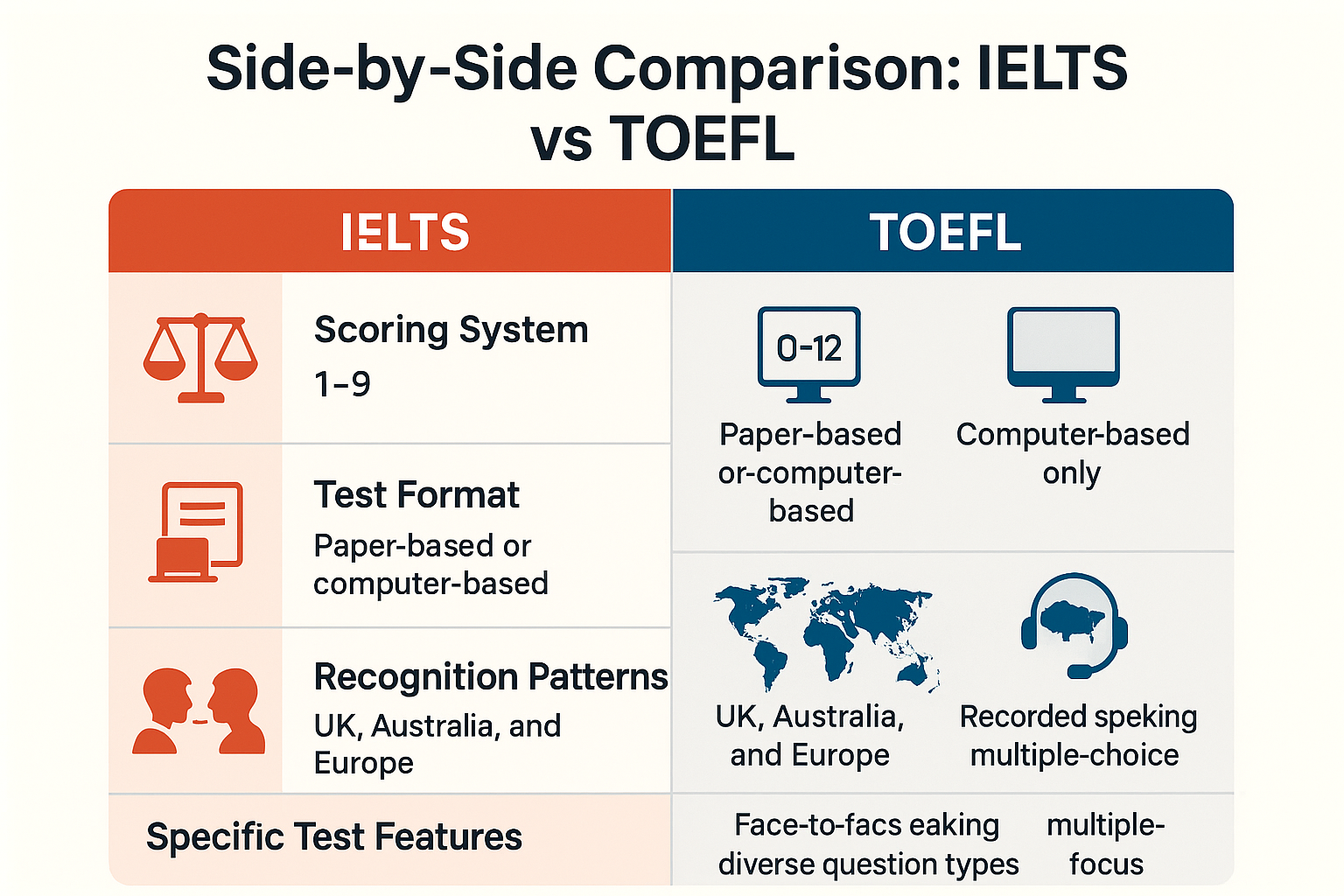Comparison table outlining IELTS and TOEFL features