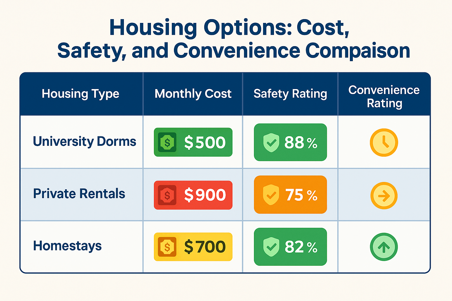 Comprehensive comparison table showing pros and cons of university dorms, private rentals, and homestays