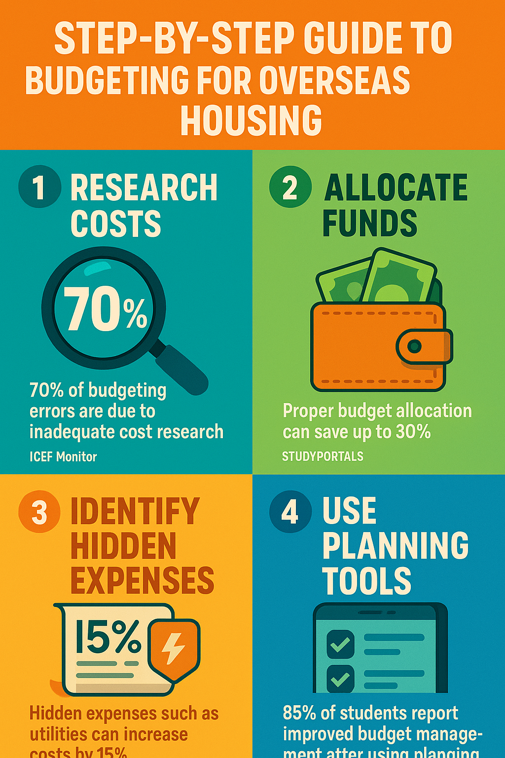 Comprehensive infographic showing step-by-step housing budget planning for international students
