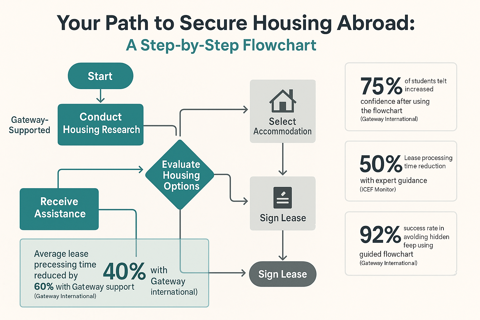 Detailed flowchart showing housing search process from research to lease signing with Gateway support