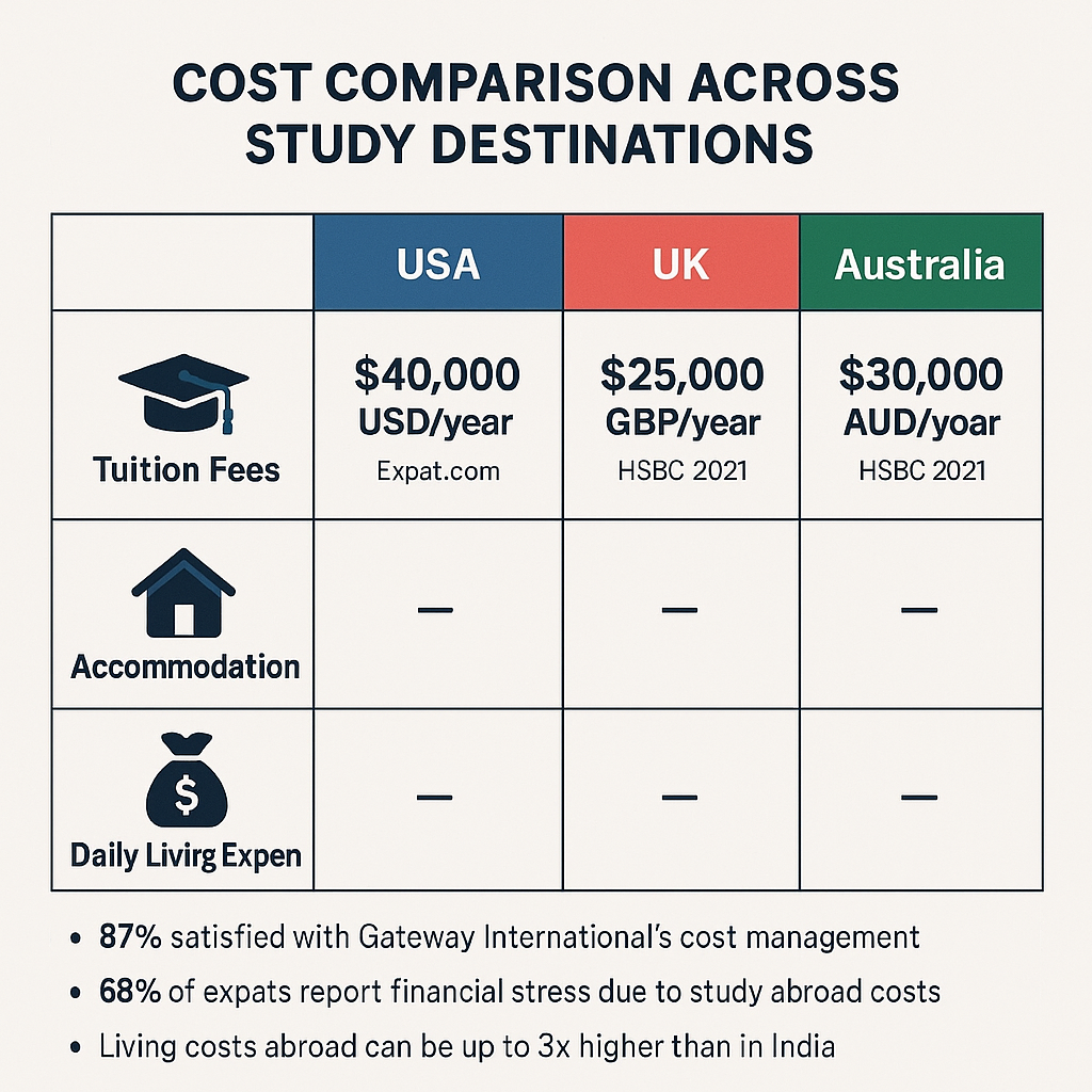 Table displaying tuition fees, accommodation, and living expenses for study destinations