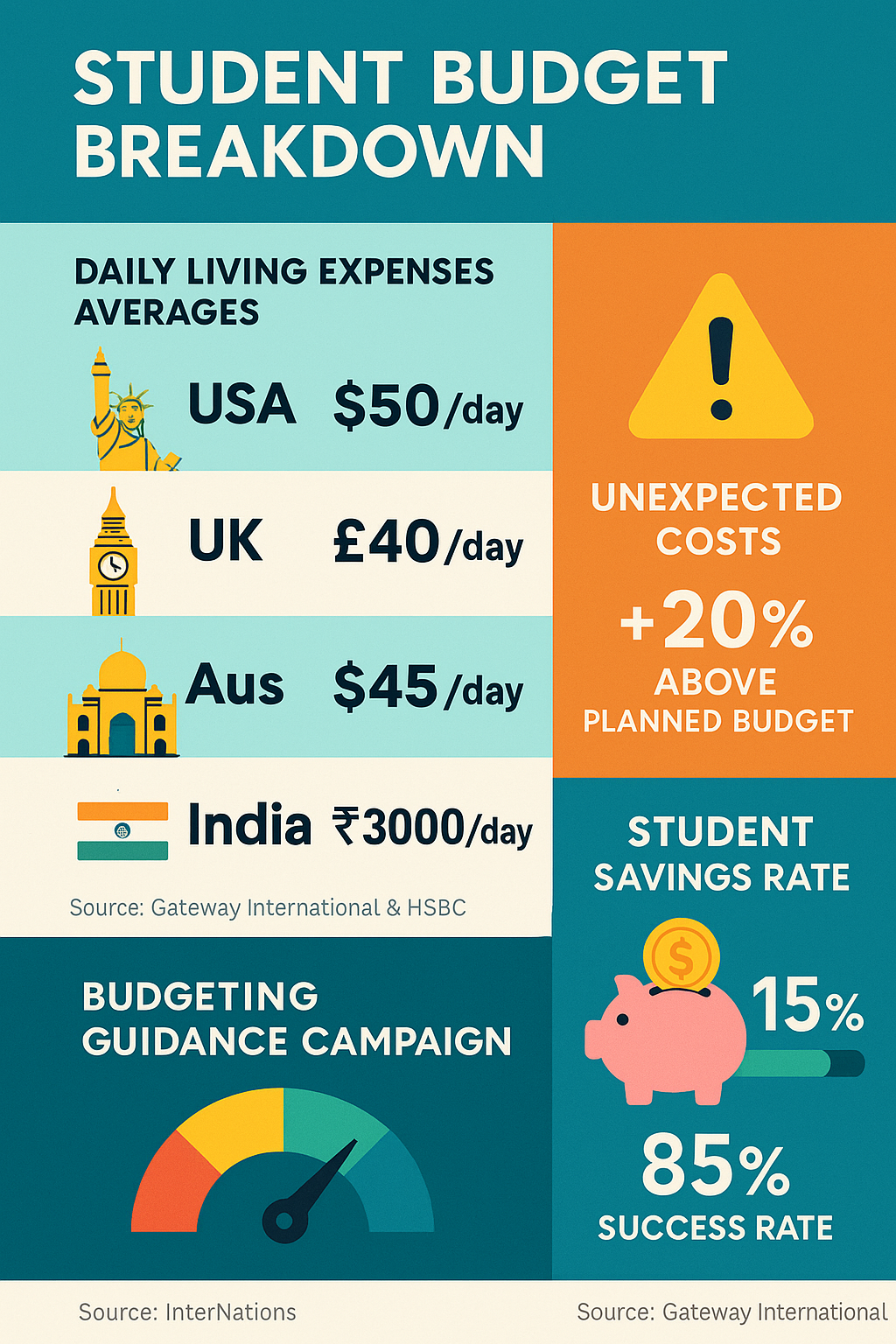 Infographic illustrating typical student budgets across study destinations