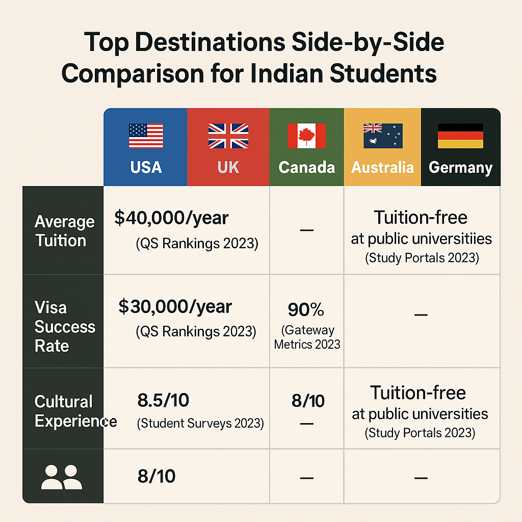 A side-by-side comparison table of USA, UK, Canada, Australia, and Germany highlighting tuition, visa requirements, courses, and cultural aspects
