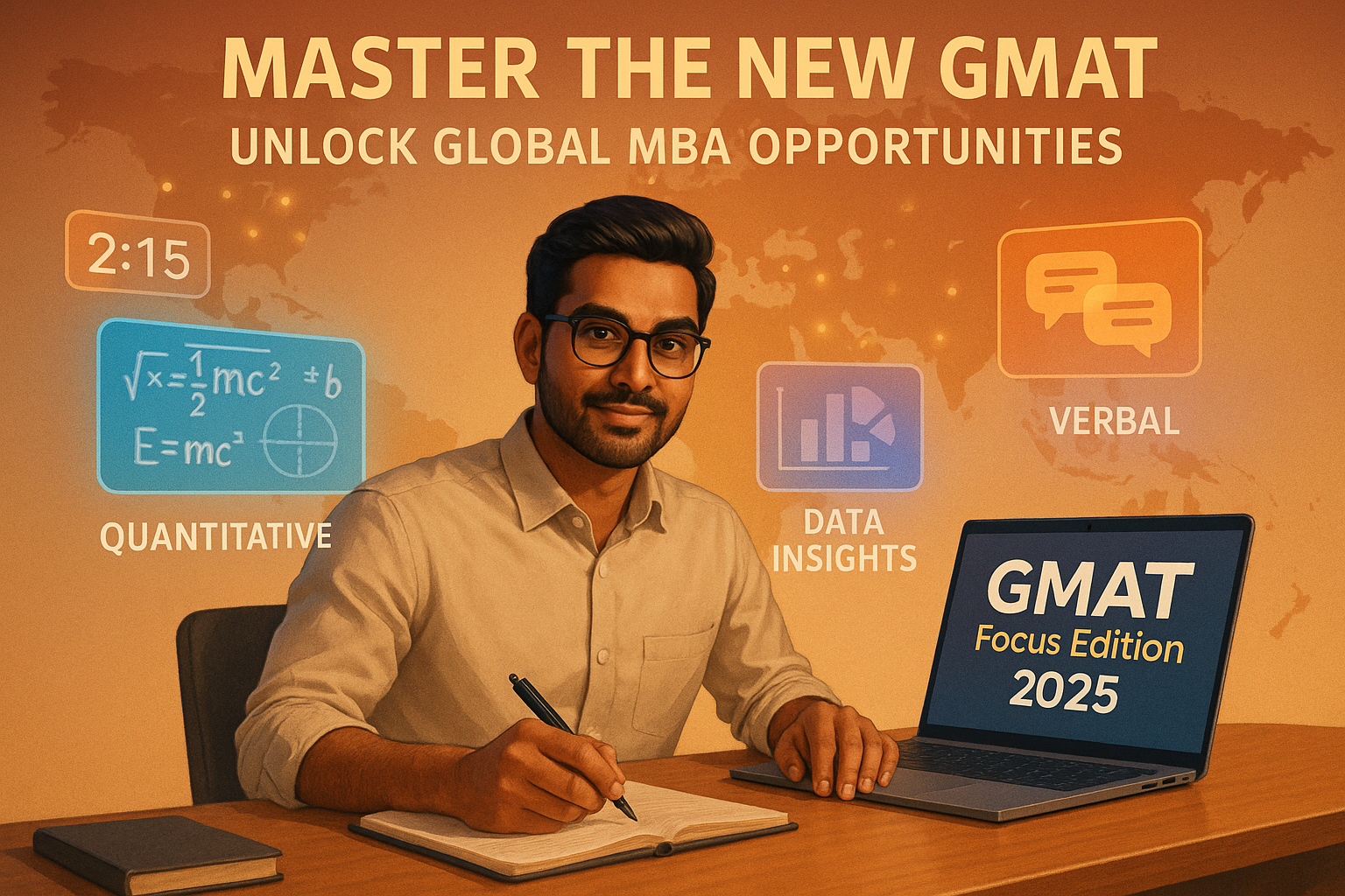 Student preparing for GMAT Focus Edition 2025 with holographic study elements