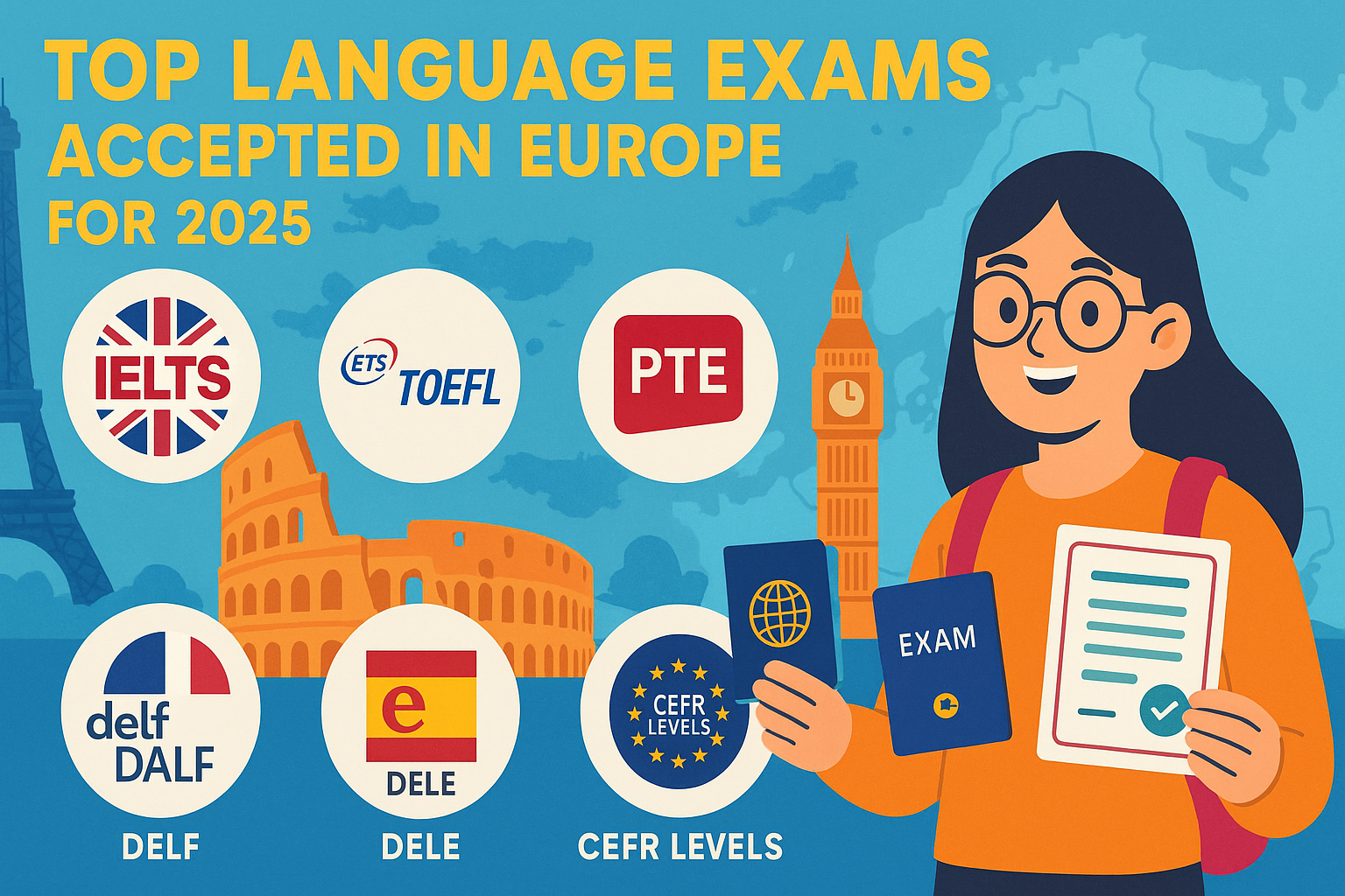 Top Language Exams Accepted in Europe 2025 - Infographic