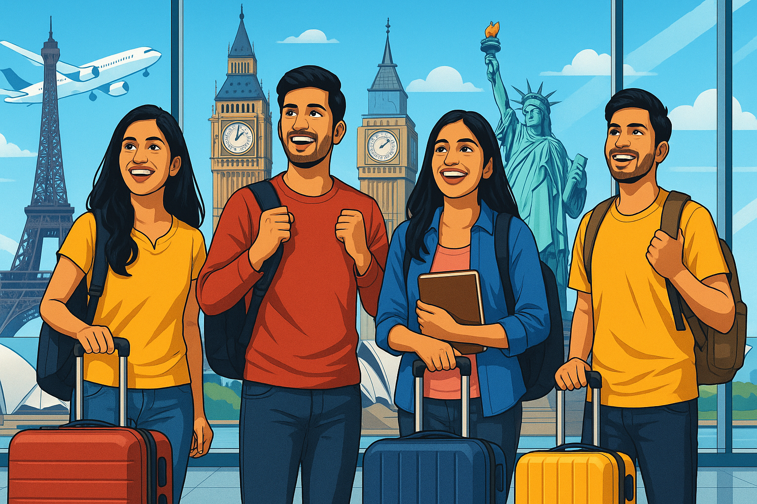 Indian students at airport ready for study abroad journey, with global landmarks in background