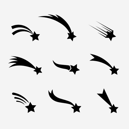 Falling stars set. shooting stars isolated from background. icons of meteorites and comets. falling stars with different tails. shooting stars black silhouettes. Stock Photo