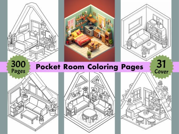 Pocket Room Coloring Pages collection showing living spaces illustration