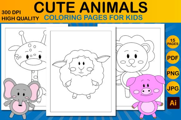 Cute Animals Coloring Pages featuring giraffe, sheep, lion, pig, and elephant