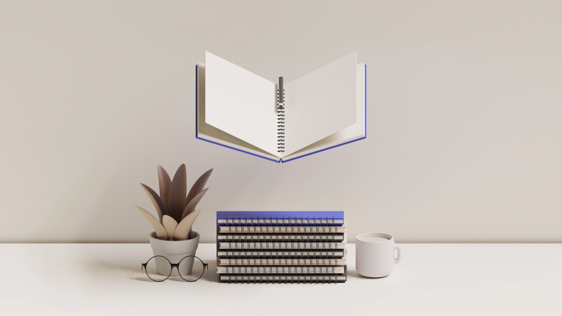 An open journal floating above a small stack of journals.
To the left is a succulent plant and a pair of round spectacles, the right is a mug.