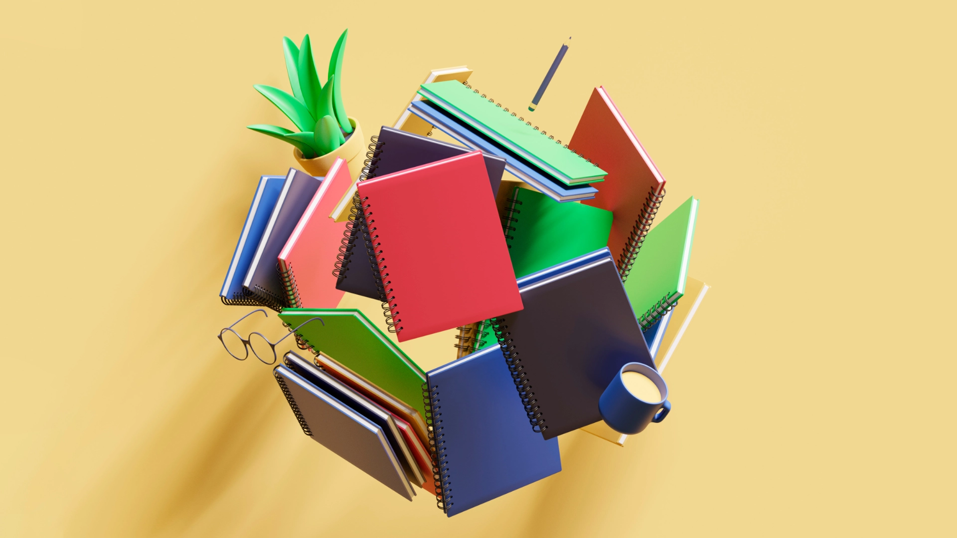 A series of colourful journals appear to be exploding from a central point.
Among them journals are items including a succulent plant, a mug, round spectacles and a pencil.