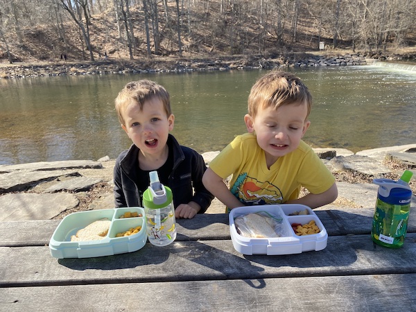 My toddler Boys Enjoying a Picnic Lunch with their Water Bottles