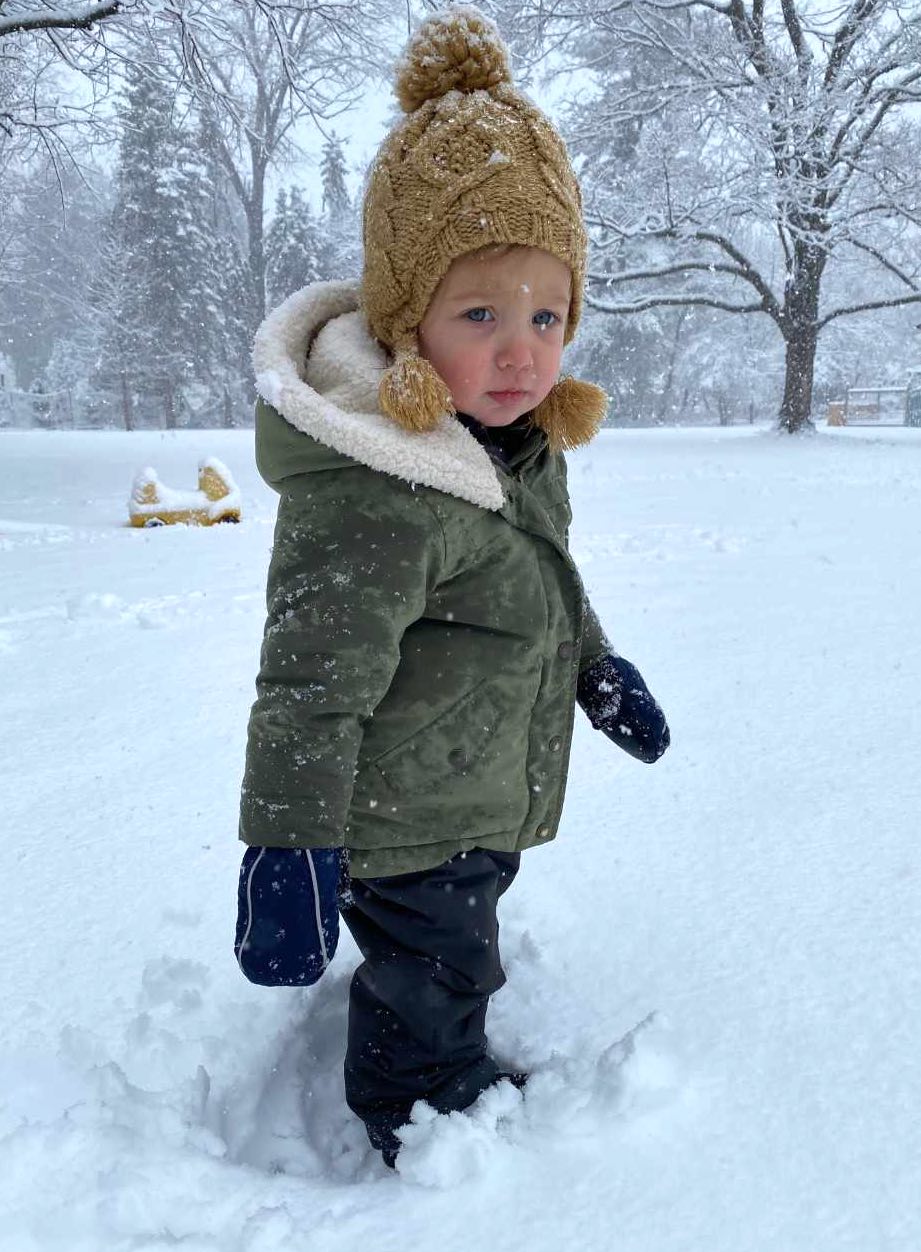 daughter in best warm winter socks for toddlers and warm winter snow boots in the snow