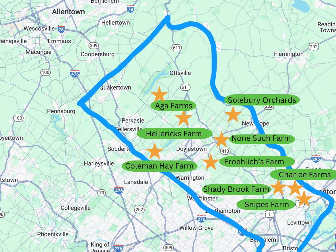map of all the family friendly farms in bucks county for fall season
