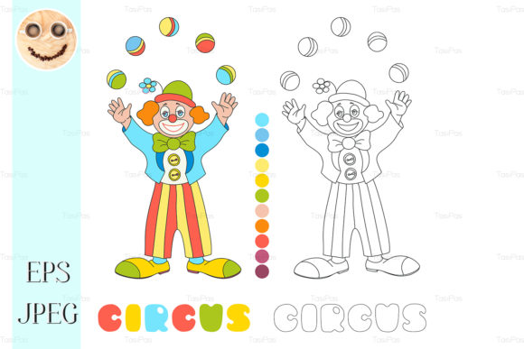 Clown juggling balls with CIRCUS text