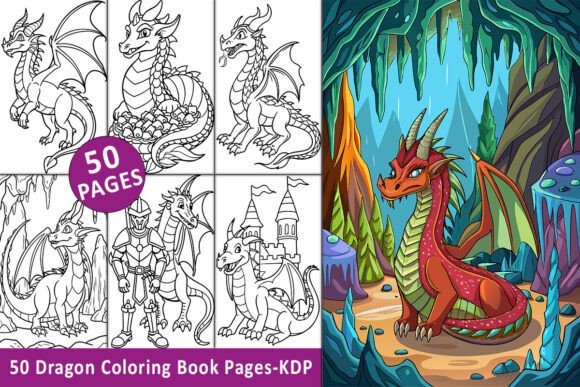 50 Dragon Coloring Book Pages featuring mythical creatures and fantasy landscapes