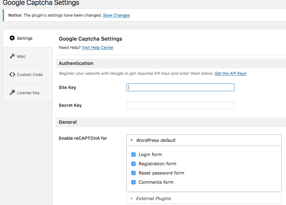 configurazione plugin wordpress google captcha