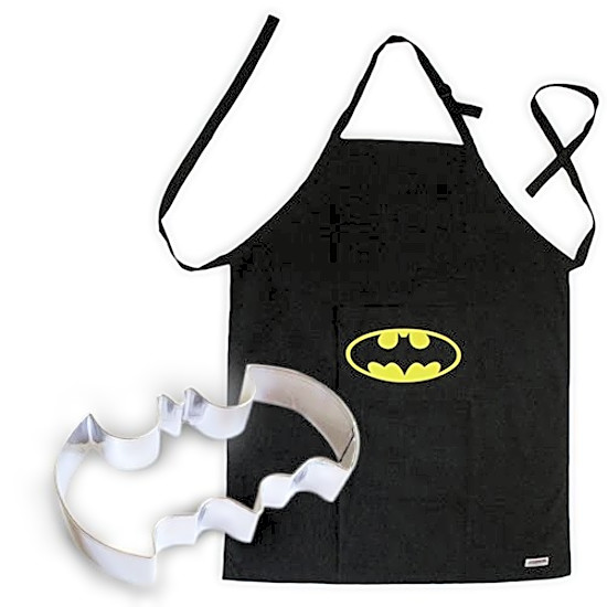 Batman Apron Bib with a Pocket 100% Black Cotton and Batman Cookie Cutter Bundle