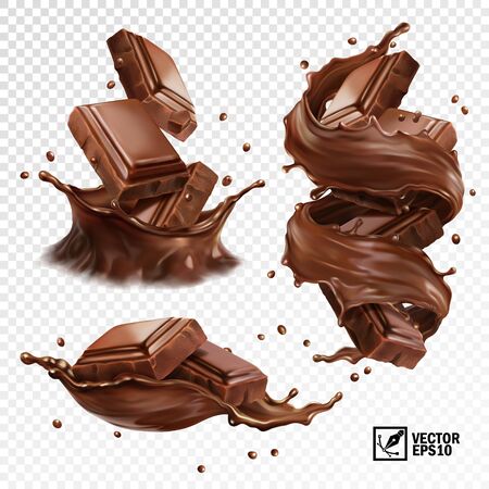 Realistic vector set, horizontal and vertical splash of chocolate, cocoa or coffee, pieces of chocolate bar, swirl and drop