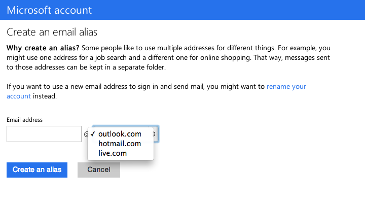 Screenshot of the Outlook alias page