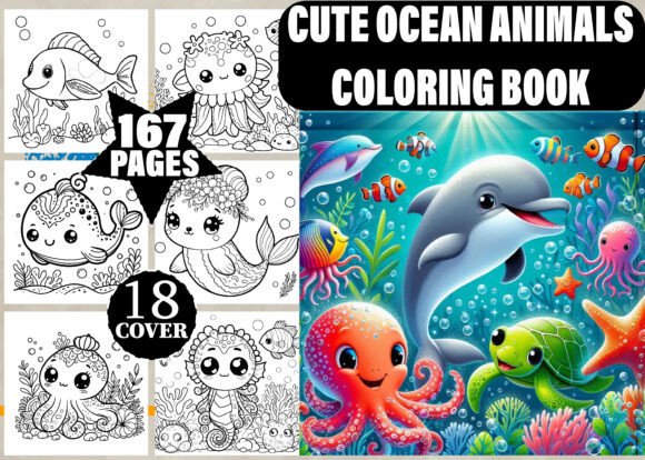 Cute Ocean Animals Coloring Book Cover with Dolphin and Sea Creatures