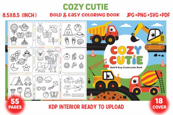 Cozy Cutie construction-themed coloring book cover with vehicles and tools