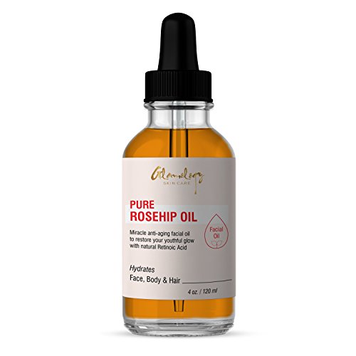 Glamology Organic Rosehip Oil 100% Pure Unrefined Organic Cold Pressed Virgin Rosehip Seed Oil - Best for Hair, Skin, Face & Nails & Great for Anti-Aging, Wrinkles, Acne Scars (4 oz)