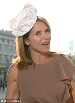 Hats off: Ms Couric said that the person who designed her fascinator also designed the hat worn by the Queen at the Buckingham Palace garden party