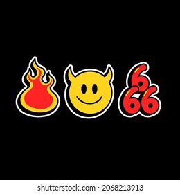 Funny demon smile face,hell fire,666 numbers t-shirt print.Vector cartoon character illustration icon design.Demon horns smile face,satanic,devil,fire,hell print for t-shirt,clothing,poster concept