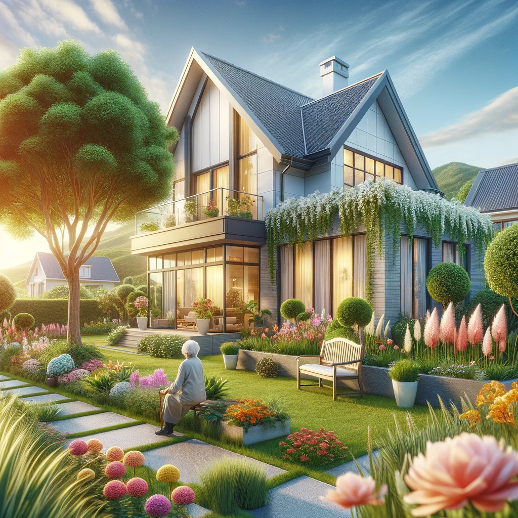 DALL·E 2023-12-10 12.15.20 - An inviting and serene image representing the concept of aging gracefully. The scene includes a modern, well-maintained house symbolizing real estate,