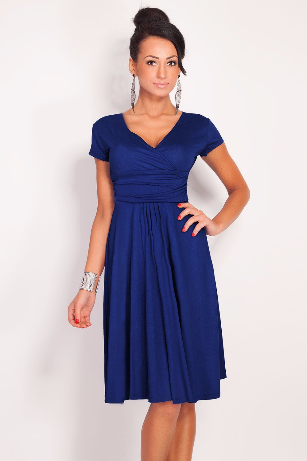 2015 Dress Women Plus Size V Neck Celebrities Elegant Pencil Summer Dress Short Sleeve Cotton Dress Fashion Casual Vestidos